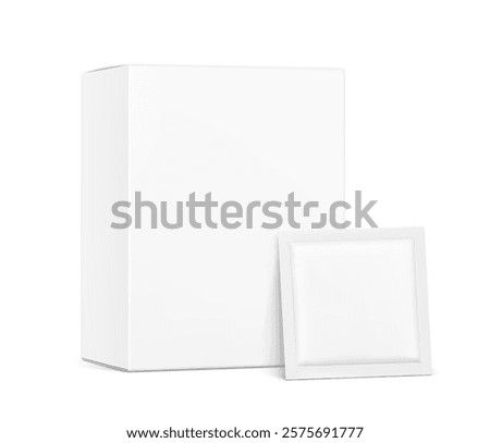 Paperboard box with sachet mockup. Hyper realistic. Vector illustration isolated on white background. Half side view. Packaging for cosmetic, food, pharmacy. Ready for your design. EPS10