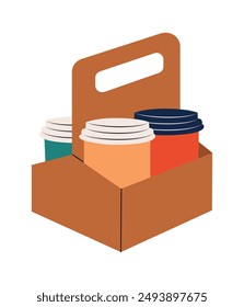 Paperboard cup holder for hot and cold drinks, disposable drink carrier with handle, food and drink delivery service. Hand drawn isolated vector illustration 