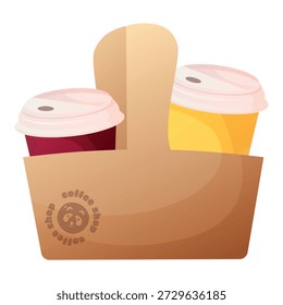 Paperboard cup holder for hot and cold drinks, disposable drink carrier with handle, food and drink delivery service. Hand drawn isolated vector illustration 