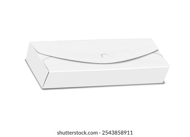 Caixa de envelope de papelão com tampa de bloqueio. 3d mockup. Recipiente de papel branco retangular dobrável. Mock-up de vetor realista. Favor embalagem de cartão de presente. Modelo para design