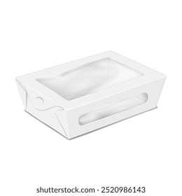 Paperboard flat pack takeout lunch box with two clear windows. 3d mockup. White paper flatpack takeaway food container. Realistic vector mock-up. Take out disposable packaging. Template