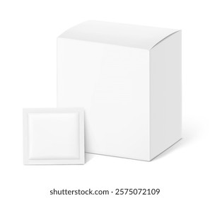 Paperboard package box mockup with sachet mockup. Hyper realistic. Vector illustration isolated on white background. Half side view. Packaging for cosmetic, pharmacy. Ready for your design. EPS10.