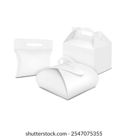 Caja de almohada de cartón, caja de aguilón rectangular, caja redondeada plegable cruzada con asa. Conjunto de maqueta 3D. Embalaje de cartón en blanco blanco. Maqueta de Vector realista. Kit de bolsa de regalo de cartón. Plantilla para el diseño