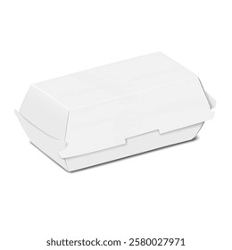 Paperboard rectangle takeout clamshell box. 3d mockup. Blank white take away paper package. Realistic vector mock-up. Takeaway food container. Take out disposable lunch box. Template for design