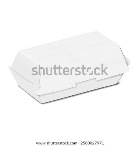 Paperboard rectangle takeout clamshell box. 3d mockup. Blank white take away paper package. Realistic vector mock-up. Takeaway food container. Take out disposable lunch box. Template for design