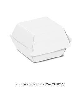 Paperboard takeout clamshell box. 3d mockup. Blank white take away hamburger paper package. Realistic vector mock-up. Takeaway food container. Take out disposable lunch box. Template for design