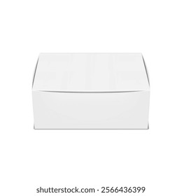 Paperboard takeout food box. 3d mockup. Blank white take away paper container packaging. Realistic vector mock-up. Takeaway fast food snack package. Take out disposable lunch box. Template for design