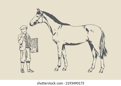 A paperboy is eating an apple and stands next to a horse