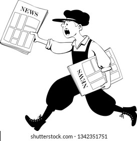 Paperboy Running With A Pack Of Newspapers, EPS 8 Black Vector Outline Illustration, No White Objects