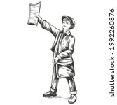 Paperboy selling news papers hand drawn vector illustration realistic sketch