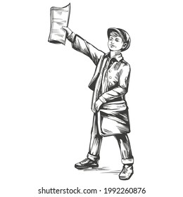 Paperboy selling news papers hand drawn vector illustration realistic sketch