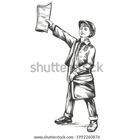 Paperboy selling news papers hand drawn vector illustration realistic sketch