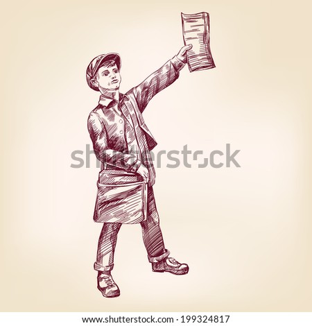 Paperboy selling news papers hand drawn vector llustration realistic sketch