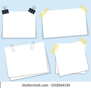 paperclip with blank white notepaper. White sheet for your message or adding more text. Vector illustration flat design. Isolated on white background. Template for memo. Notebook space