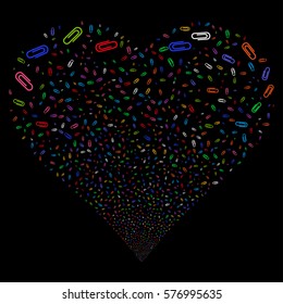 Paperclip fireworks with heart shape. Vector illustration style is flat bright multicolored iconic symbols on a black background. Object love heart made from confetti icons.