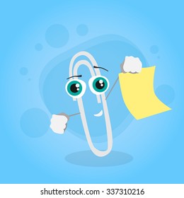 Paperclip Hold Sticker Text Note Yellow  Paper Cartoon Character Happy Smile Clip Office Supplies Flat Vector Illustration