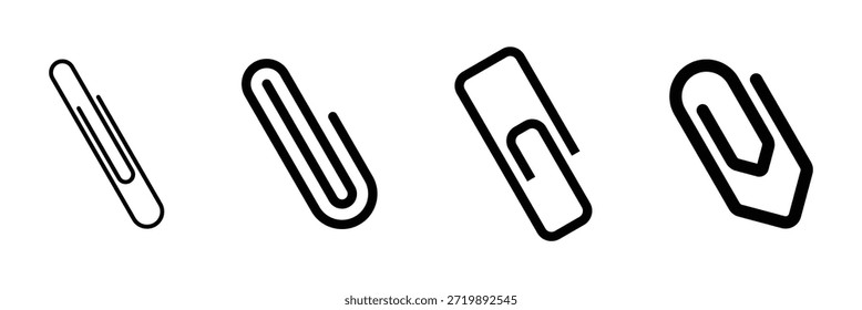 Paperclip icon set in flat and line style vectors. Four paperclips lined up isolated simple office supply connection tool objects vector