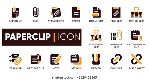 Conjunto de iconos de clip. Incluye íconos para símbolos de clip de papel, Clip, archivo adjunto, papel, documento, Clip de archivo, Clip de oficina, etc. Perfecto para oficina, organización y gestión de documentos.