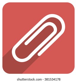 Paperclip long shadow vector icon. Style is a flat symbol on a red rounded square button.