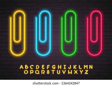 Paperclip Neon Light Glowing Vector Illustration. Yellow Bright Glowing Alphabet