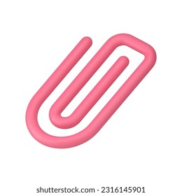 Paperclip pink wire clip staple stationery tool for paper document attaching 3d icon realistic vector illustration. Metallic holder for paperwork binder memo reminder note placing supplies equipment