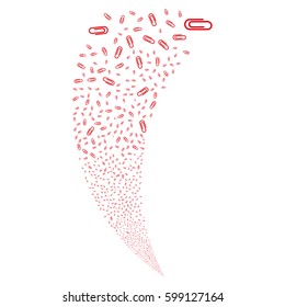 Paperclip random fireworks stream. Vector illustration style is flat red iconic symbols on a white background. Object fountain combined from scattered icons.