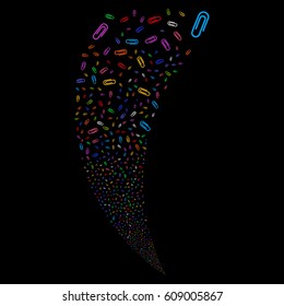 Paperclip random fireworks stream. Vector illustration style is flat bright multicolored iconic symbols on a black background. Object fountain organized from scattered symbols.