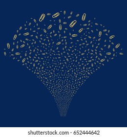 Paperclip salute stream. Vector illustration style is flat yellow iconic symbols on a blue background. Object fireworks fountain created from random pictographs.