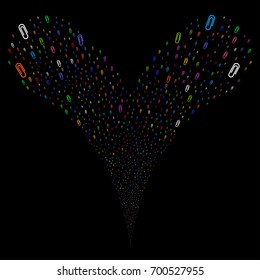 Paperclip source stream. Vector illustration style is flat bright multicolored iconic paperclip symbols on a black background. Object fountain created from random design elements.