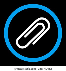 Paperclip vector icon. Style is bicolor flat rounded symbol, blue and white colors, rounded angles, black background.