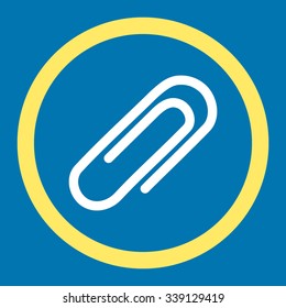 Paperclip vector icon. Style is bicolor flat rounded symbol, yellow and white colors, rounded angles, blue background.