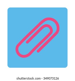 Paperclip vector icon. Style is flat rounded square button, pink and blue colors, white background.