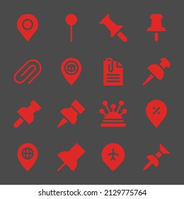 iconos web del clip. Pin y Pin, Pin de empuje y símbolo Pin, señales vectoriales