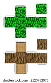 Cubo de papercraft de columna de árbol y follaje verde. Papercraft 5 Bloques Clásicos. en la celda. El concepto de fondo de los juegos. ilustración vectorial