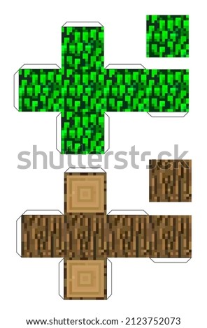 Papercraft cube of tree pillar and green foliage. Papercraft 5 Classic Blocks. pixel box. The concept of games background. vector illustration