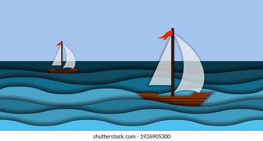 Papercut 3d sea waves and sail boat. Sailing regatta on high sea. Modern paper art style sea landscape background with colorful teal waves. Vector illustration