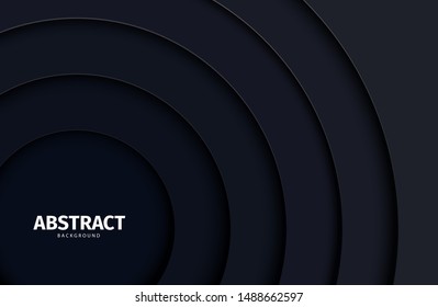 Papercut abstract circle black shape background. Layered backdrop with dark grey round form paper and shadow. Horizontal vector wallpaper for creative advertising poster or brochure in a trendy style.