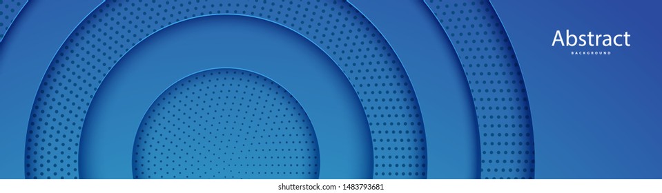 Papercut abstract circle blue shape and dots background. Layered backdrop with round form paper and shadow. Horizontal vector web banner for creative advertising poster in a trendy style or site
