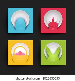 Papercut abstract design background for Easter holiday. Set trendy template for cover greeting card, poster, banner, flyer, placard. Mockup branding, advertisement. Vector illustration.