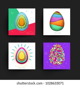 Papercut abstract design background for Easter holiday. Set trendy template for cover greeting card, poster, banner, flyer, placard. Mockup branding, advertisement. Vector illustration.