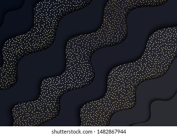 Papercut abstract wave black shape background with gold dots pattern. Layered backdrop with dark grey wavy line form paper and shadow. Horizontal vector backdrop for advertising flyer in trendy style.