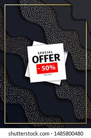 Papercut abstract wave black shape background with gold dots with gold dots pattern and two white sheets of paper with place for advertising text and frame. Vertical vector wallpaper in a trendy style