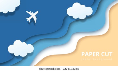 Papercut airplane above sea. Plane flies over sand, coastline and water in clouds. Background and wallpaper in origami style. Flights and travel, tourism. Cartoon vector illustration