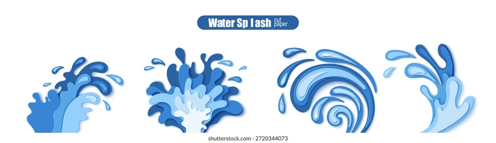 Guardar Arte de papercut con onda 3D y gotas de salpicadura para el tema de ecología del agua. Diseño de Vector de mar con estilo de corte de papel, perfecto para proyectos de Clipart de Songkran o kits de conservación.
