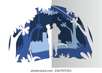 Papercut art, Couple romance in forest premium vector illustration