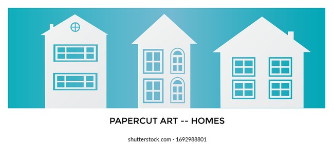 Papercut art element. Variation of three different house designs. Can be used as part of a papercut design work. 