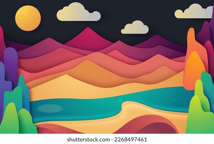 Papercut background abstract landscape of mountains, hills, and valleys 