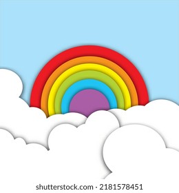 Papercut Background, Rainbow Background, Abstract Design, Red, Yellow, Orange, Green, Blue, Purple Color, White Cloud, Blue Sky