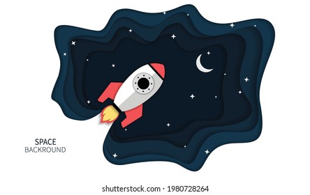 Papercut background with a spaceship with stars and moon