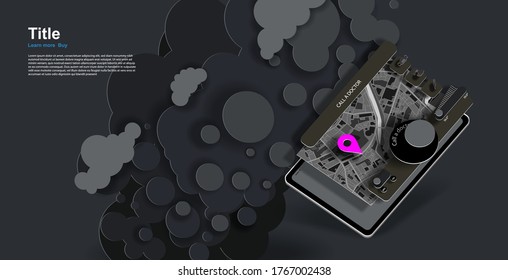 Paper-cut black clouds and a black app interface with a city map and a place mark on the screen of a digital tablet. Vector banner